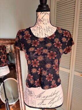 Timing Black Crop Top with Rust Floral Print